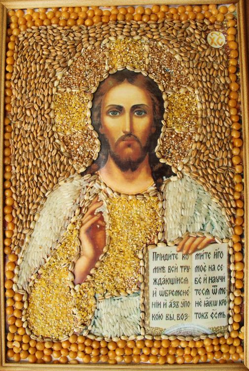 icon of Lord Christ ornamented with seeds by Yuriy Pulalchuk
